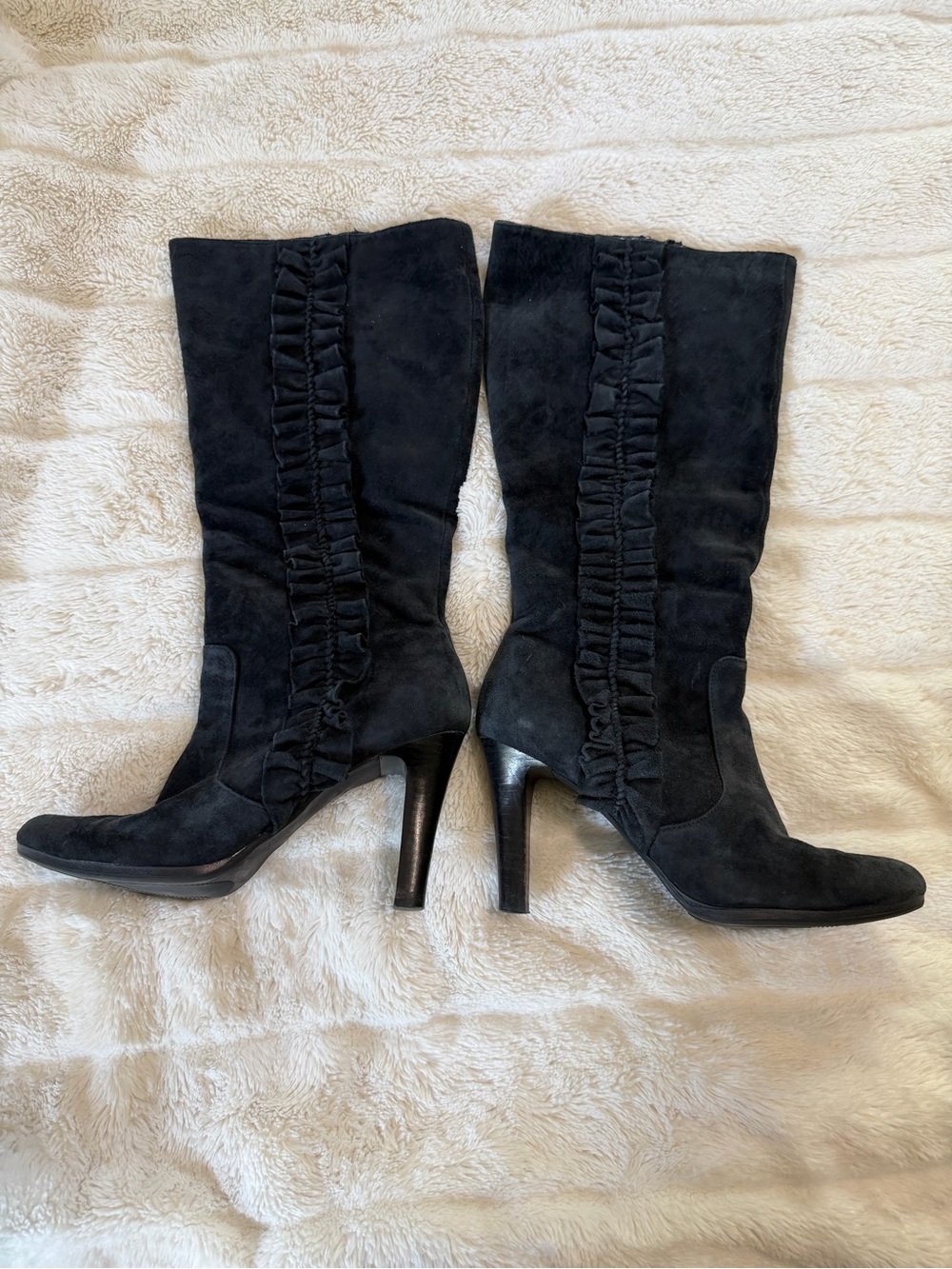 Blue Suede Ruffled Mid-Calf Heeled Boots